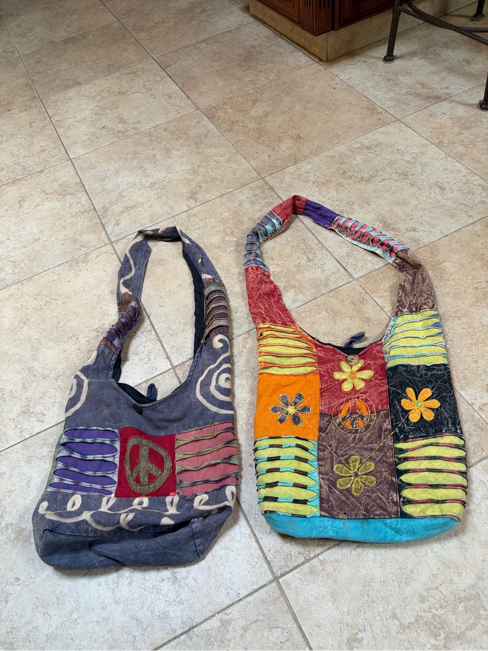 Two boho hippie hobo crossbody shoulder bags peace symbol flowers festival 2